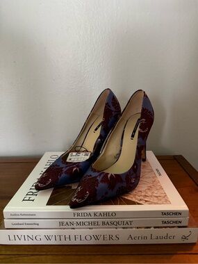 Blue and Burgundy Floral Pointed Toe Women's Heels